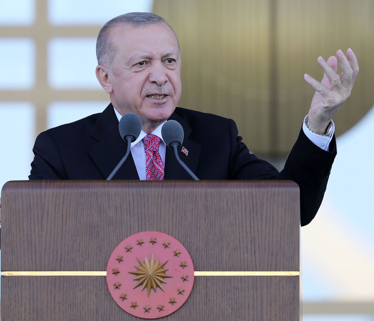 Turkish President Recep Tayyip Erdogan addresses people at the Presidential Complex in Ankara, Turkey. (File/AFP)