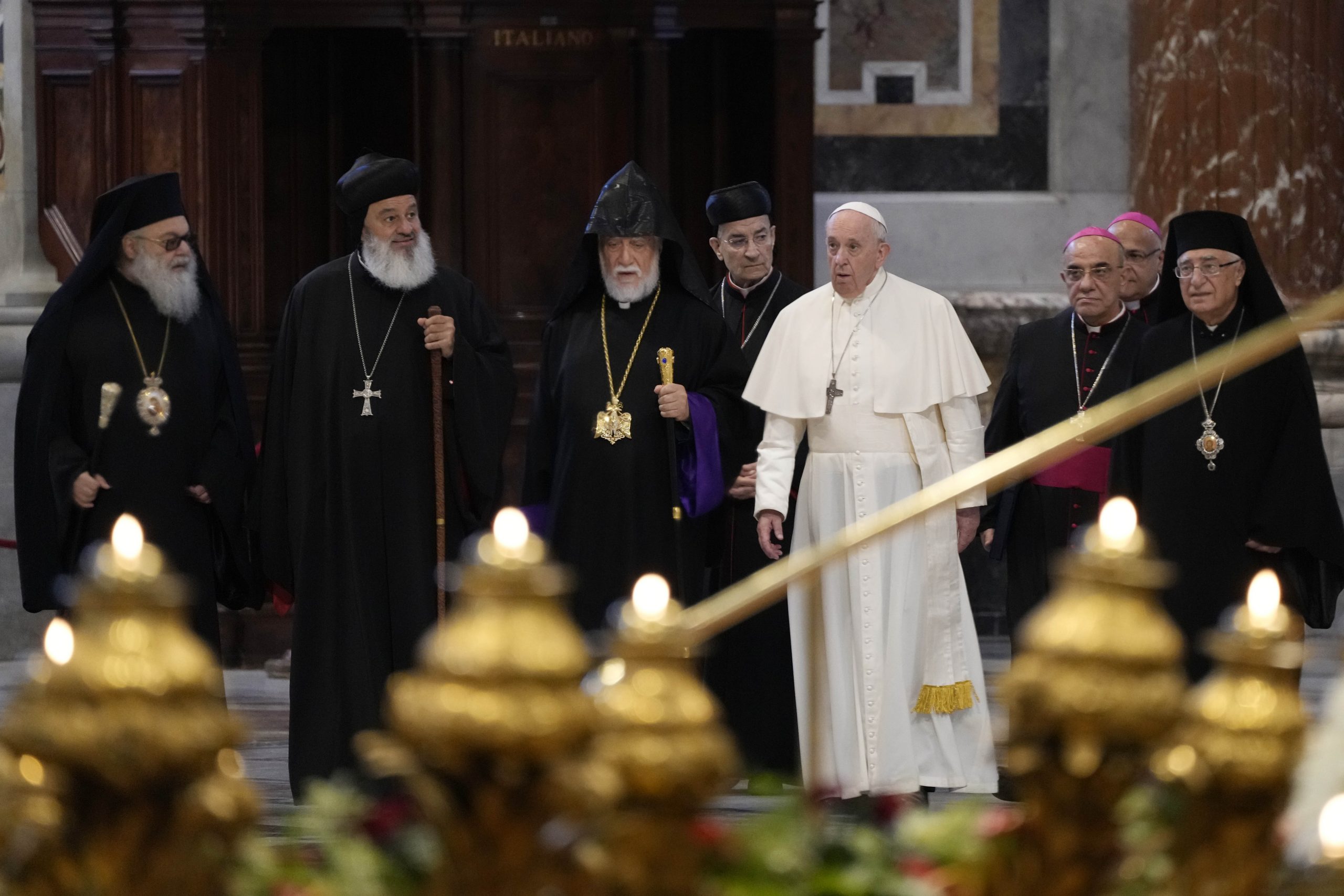 Pope Francis welcomes Lebanon’s Christian religious leaders to the Vatican, July 1, 2021. (AP Photo)