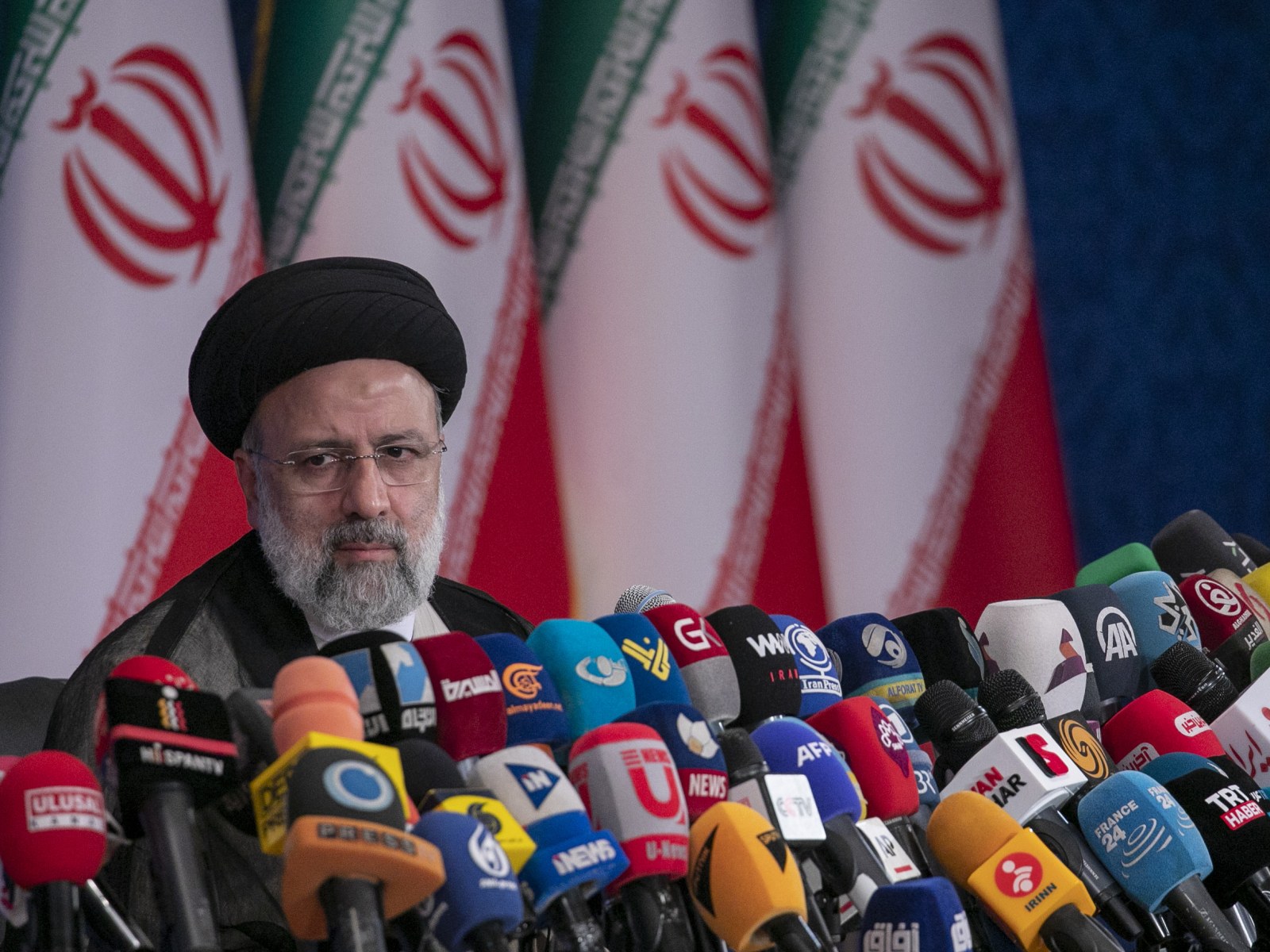 Iranian President-Elect Ebrahim Raisi holds a press conference at Shahid Beheshti conference hall on June 21, 2021, in Tehran, Iran. (Getty Images)