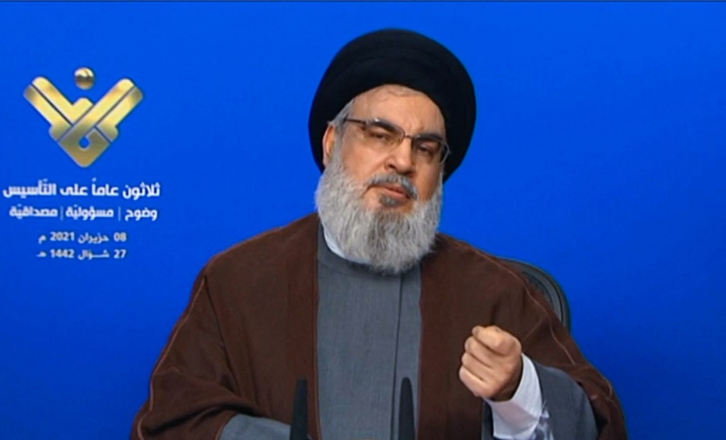 Hassan Nasrallah, chief of the Shiite Muslim movement Hezbollah, delivers a televised speech. (File/AFP)