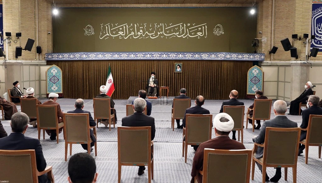 This handout picture provided by the office of Iran's Supreme Leader Ayatollah Ali Khamenei on June 28, 2021 shows him meeting with the head and officials of the Judiciary in Tehran. (AFP)