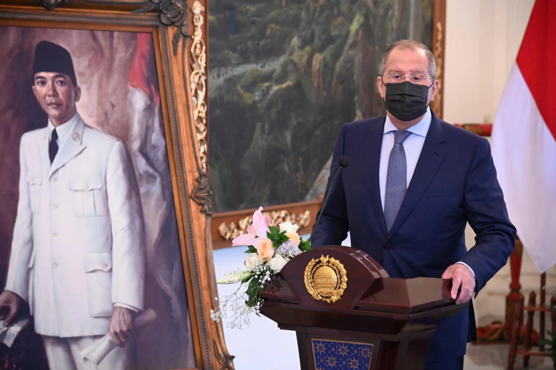 Russia’s Foreign Minister Sergei Lavrov during a press briefing following his meeting with Indonesia’s Foreign Minister Retno Marsudi in Jakarta on July 6, 2021. (Indonesia’s Ministry of Foreign Affairs via Reuters)