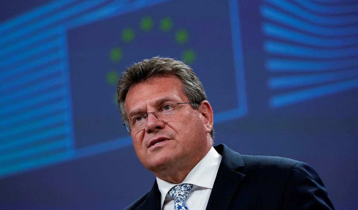 European Commissioner for Inter-institutional Relations and Foresight Maros Sefcovic speaks during a news conference on Brexit at the EU headquarters in Brussels, Belgium, June 30, 2021. (Reuters)