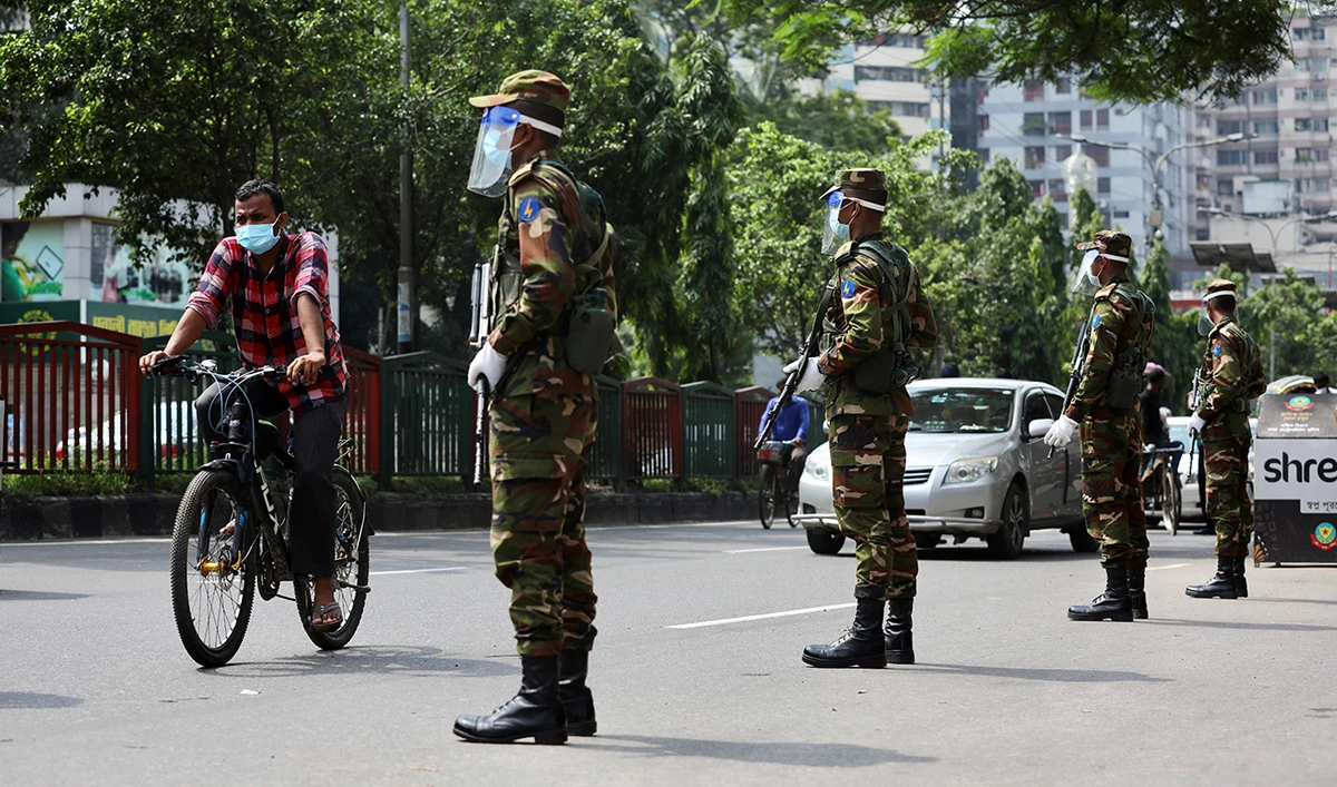 Army personnel are seen at a checkpoint during a countrywide lockdown, in Dhaka, Bangladesh, July 6, 2021. (Reuters)