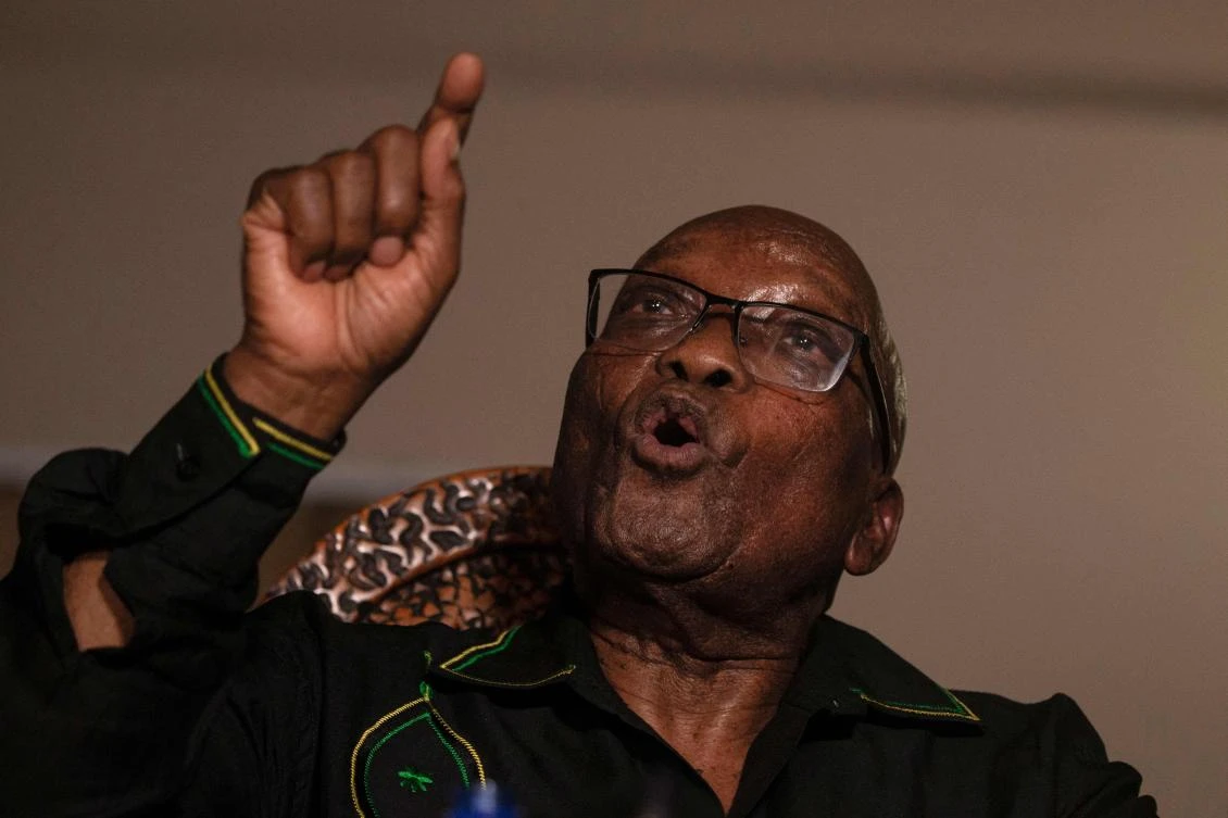 In this file photo taken on July 04, 2021 Former South African president Jacob Zuma addresses the media in his home in Nkandla, KwaZulu-Natal. (AFP)