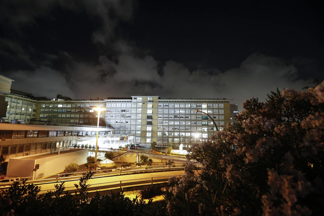 A view at night of the Gemelli Polyclinic in Rome, where Pope Francis has been hospitalized for a scheduled surgery since Sunday, July 4, 2021. (AP)