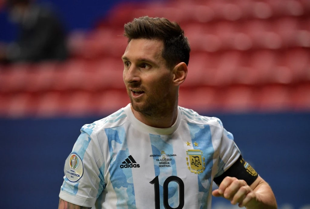 Argentina's Lionel Messi gestures during the Conmebol 2021 Copa America football tournament semi-final match against Colombia, at the Mane Garrincha Stadium in Brasilia, Brazil, on July 6, 2021. (File/AFP)