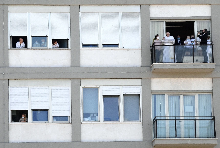 Pope Francis leads the Sunday's Angelus prayer from the Gemelli Hospital, in Rome, on July 11, 2021, where he is recovering from colon surgery. (File/AFP)