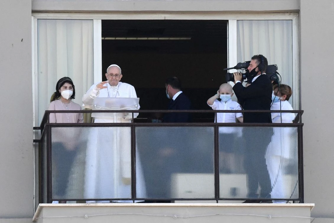 Pope Francis leads the Sunday's Angelus prayer from the Gemelli Hospital, in Rome, on July 11, 2021, where he is recovering from colon surgery. (AFP)