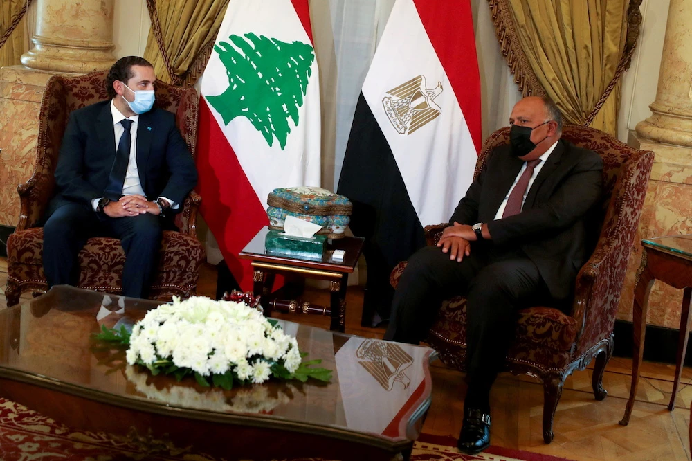 Egyptian Foreign Minister Sameh Shoukry meets with Lebanese Prime Minister-designate Saad Al-Hariri at Tahrir Palace in Cairo, Egypt July 14, 2021. (Reuters)