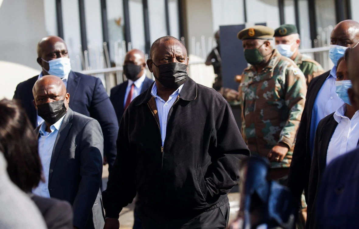 South African President Cyril Ramaphosa visits a shopping centre which was damaged after several days of looting following the imprisonment of former South Africa President Jacob Zuma in Durban, South Africa, July 16, 2021. (AFP)