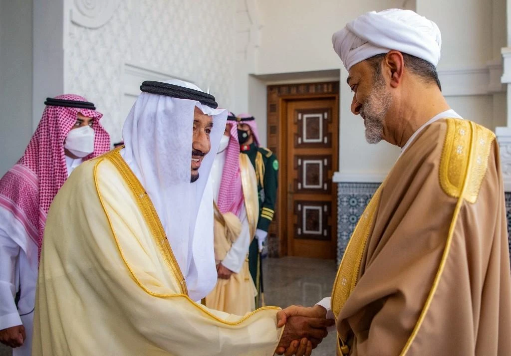 King Salman receives Oman's Sultan Haitham bin Tariq in NEOM on Sunday July 11, 2021. (AFP)