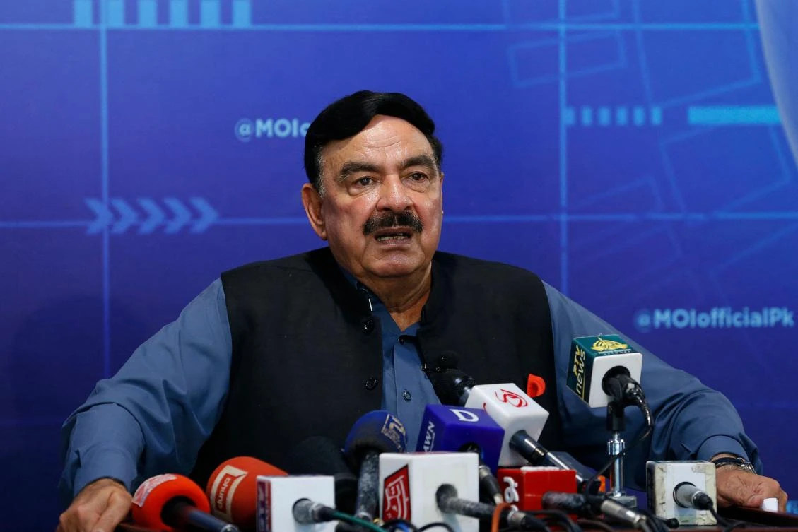 Pakistan's Interior Minister Sheikh Rashid speaks during a press conference on the brief abduction of the daughter of Afghan ambassador to Pakistan, in Islamabad on July 18, 2021. (AFP)