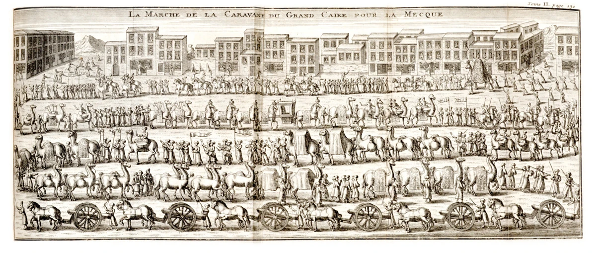 One of the earliest printed European depictions of the Mahmal procession before the start of Hajj, the illustration of ‘The march of the caravan from Cairo to Mecca’ from Vol. 2 of ‘Troisieme Voyage du Sieur Paul Lucas.’ (The Khalili Collections)