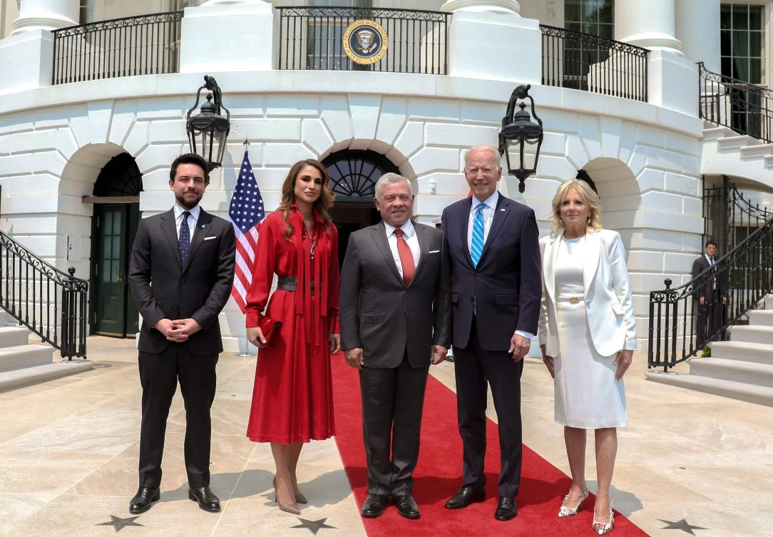 Jordanian King Abdullah, his wife Queen Rania, Crown Prince Hussein bin Abdullah II, US President Joe Biden and Jill Biden posing for a picture in Washington. (AFP)