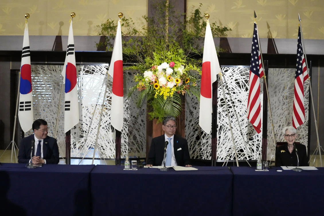 From left: South Korean First Vice Foreign Minister Choi Jong Kun, Japanese Vice-Minister for Foreign Affairs Takeo Mori and US Deputy Secretary of State Wendy Sherman after their trilateral meeting on July 21, 2021 in Tokyo. (AP)