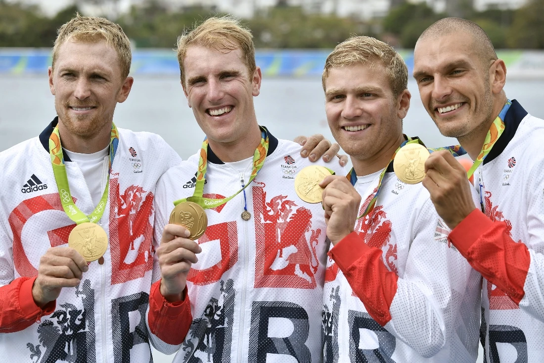 Mohamed Sbihi ( R ) stands with his teammates at the Brazil Olympic games. (File/AFP)