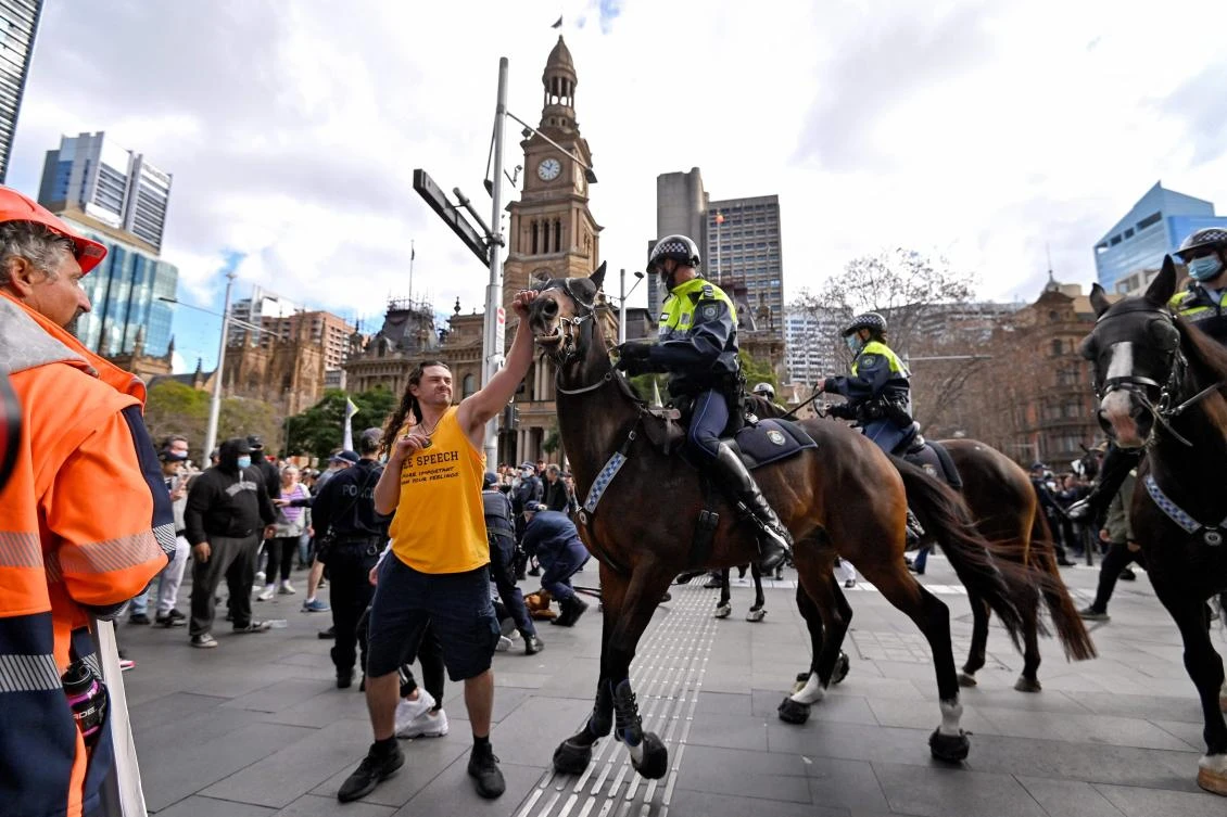 There was a heavy police presence in Sydney, including mounted police and riot officers in response to what authorities said was unauthorized protest activity. (AFP)