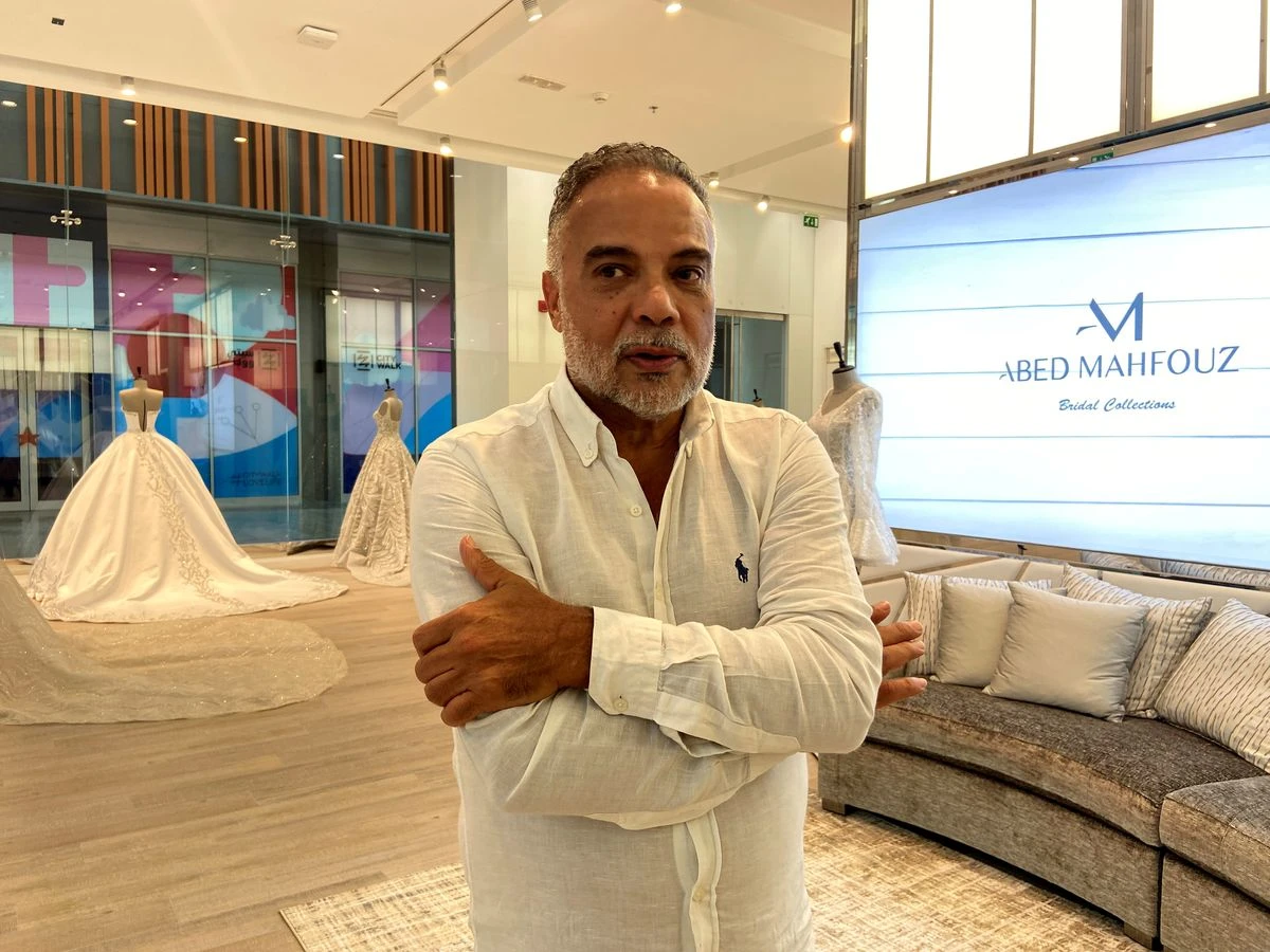 Lebanese bridal couture designer Abded Mahfouz poses for a photo at his shop in Dubai, United Arab Emirates, July 12, 2021. (Reuters)