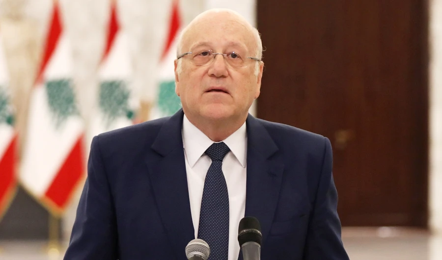 Lebanon's new Prime Minister-Designate Najib Mikati, talks at the presidential palace in Baabda, Lebanon July 26, 2021. (REUTERS)