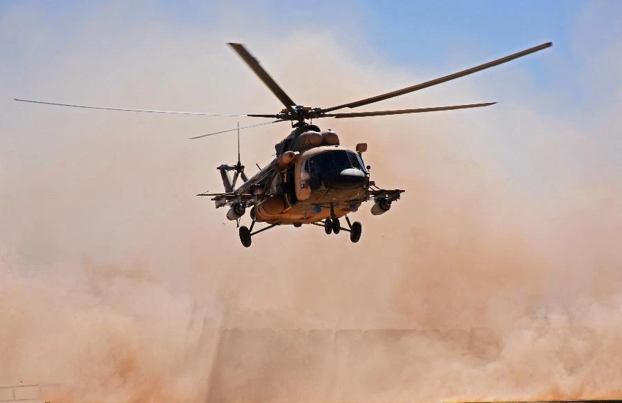 An Iraqi military helicopter lands near the al-Qaim border crossing between Syria and Iraq on November 1, 2018. (FIle/AFP)