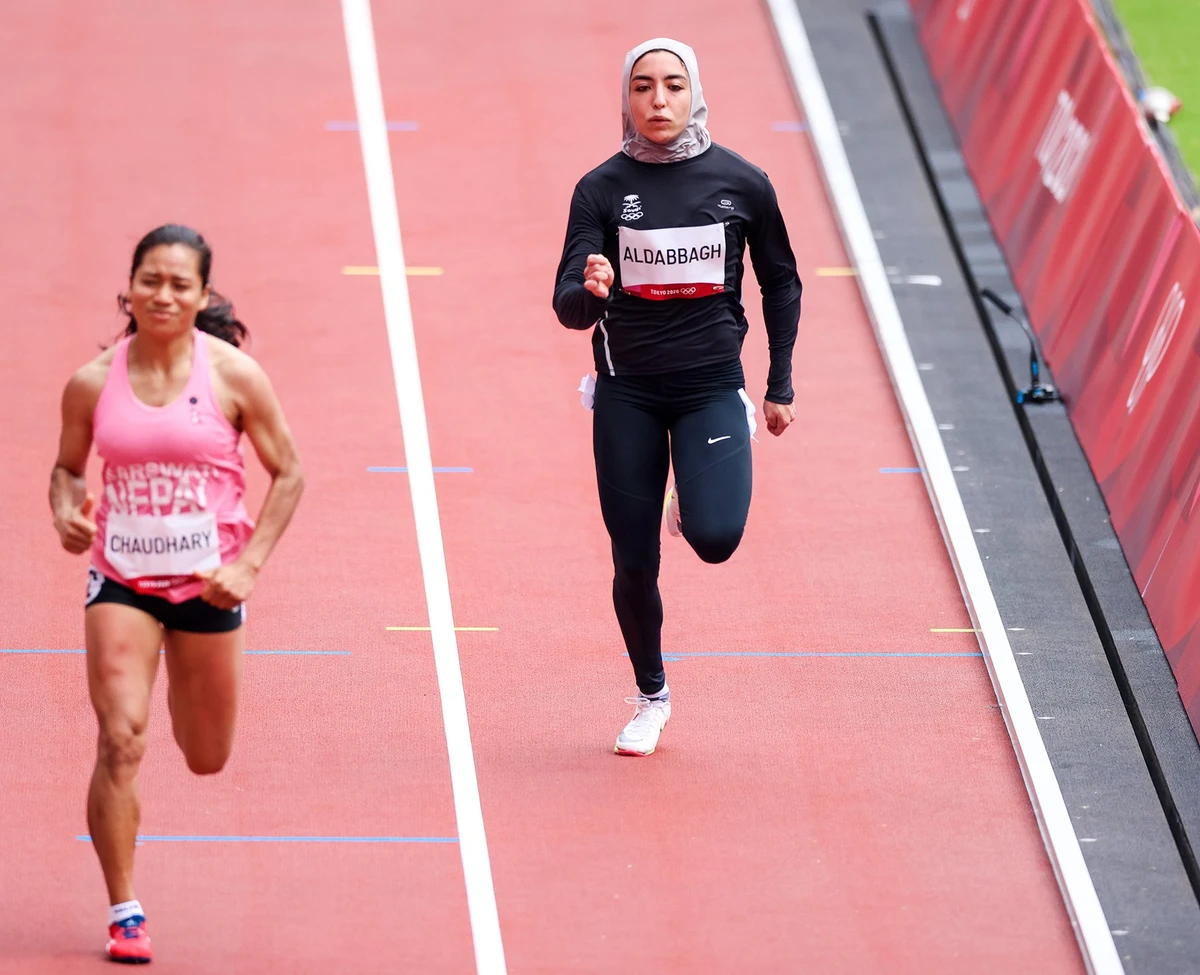 Yasmine Al-Dabbagh during Heat 2 of the Women's 100 Preliminary Round at Tokyo Olympic Stadium on Friday morning. (Supplied/Saudi Arabian Olympic Committee)