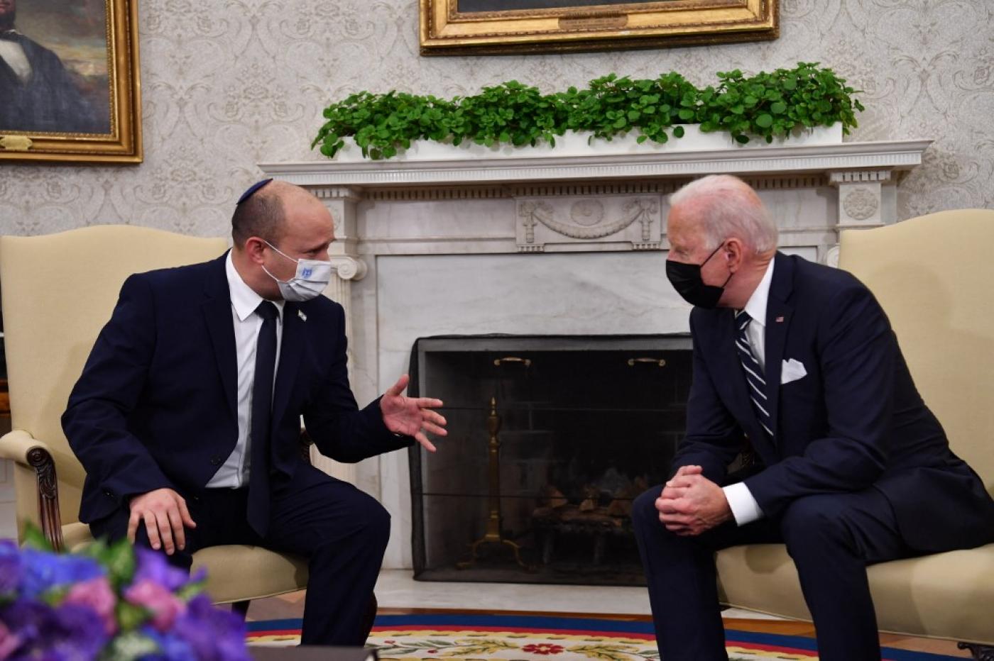 US President Joe Biden meets with Israeli Prime Minister Naftali Bennett in the Oval Office of the White House in Washington, Aug. 27, 2021. (AFP)