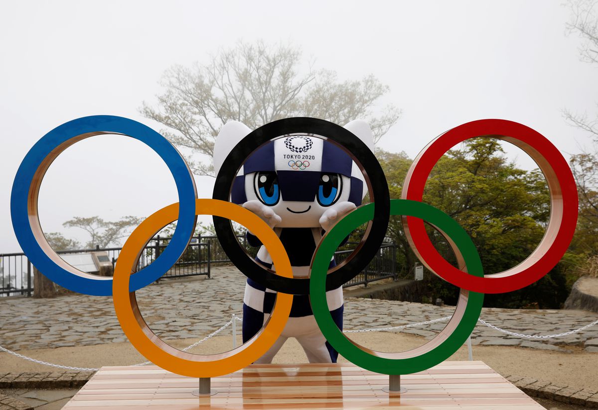 Tokyo 2020 mascot Miraitowa at an unveiling ceremony of the Olympic symbol on Mt. Takao in Hachioji, west of Tokyo, Japan, April 14, 2021. (Reuters)