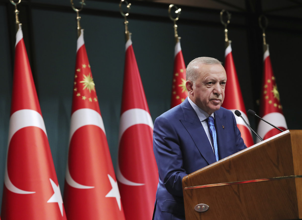 In a televised address on Aug. 19, 2021, Turkish President Recep Tayyip Erdogan called on European nations to shoulder the responsibility for Afghans fleeing a Taliban onslaught. (Turkish Presidency via AP, Pool)