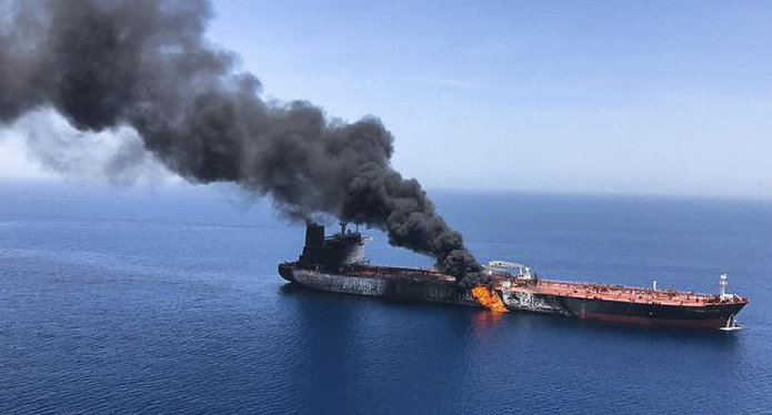 Smoke billows from the tanker Mercer Street after a drone attack off the coast of Oman on July 30, 2021. (AP/ISNA)