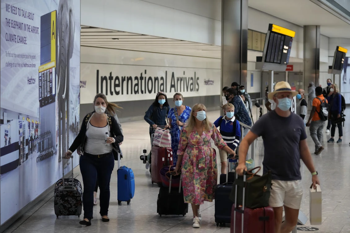 As of Monday, fully vaccinated travelers from destinations on Britain’s amber list are allowed to enter the country without self-isolating for up to 10 days. (AP)