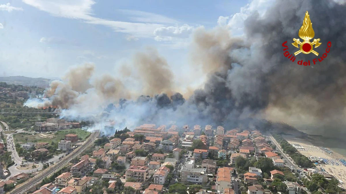 Italian Firefighters released a view of violent wildfire that burned the historical pinewood in Pescara, central Italy on Sunday. Sea resorts customers were seen running away as the flames were approaching the beach. (AP)