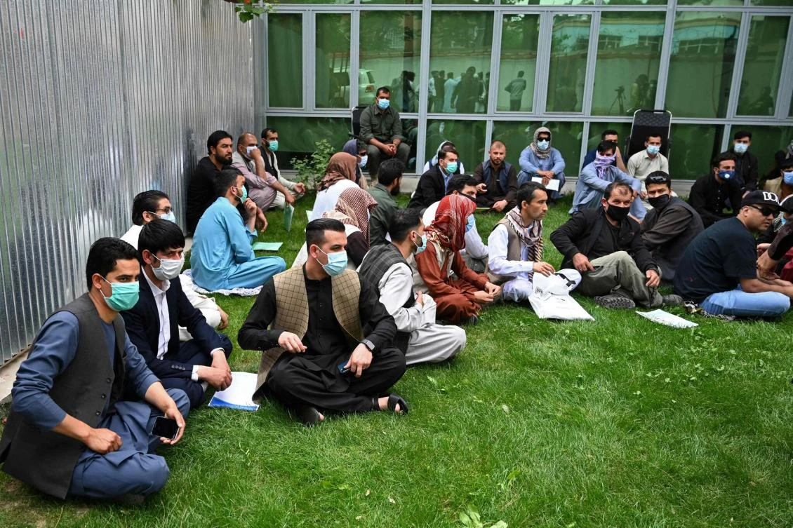 Afghan interpreters at a protest in Kabul, Afghanistan, before the beginning of the U.S. troop withdrawal in April. (File/Getty Images)