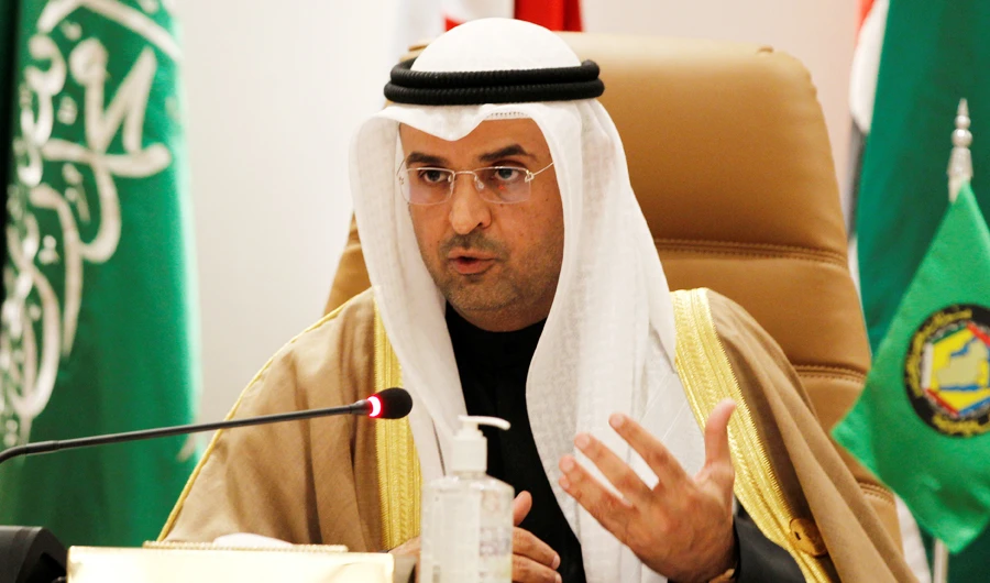 Secretary-General of the Gulf Cooperation Council Nayef Falah al-Hajraf gestures during a news conference at the Gulf Cooperation Council's (GCC) 41st Summit in Al-Ula, Saudi Arabia January 5, 2021. (REUTERS)
