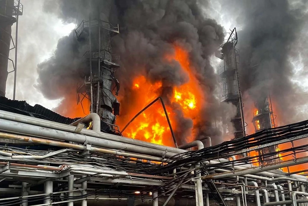 This handout picture released by the Russian Emergency Ministry on August 6, 2021, shows a fire at a Gazprom gas condensate plant near the city of Novy Urengoy in Western Siberia. (AFP/Handout via Russian Emergency Ministry)