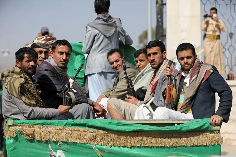 Armed Houthi militia after participating in a funeral of Houthis killed in fighting against government forces in Yemen’s oil-rich province of Marib, in Sanaa, Yemen, February 20, 2021. (Reuters)