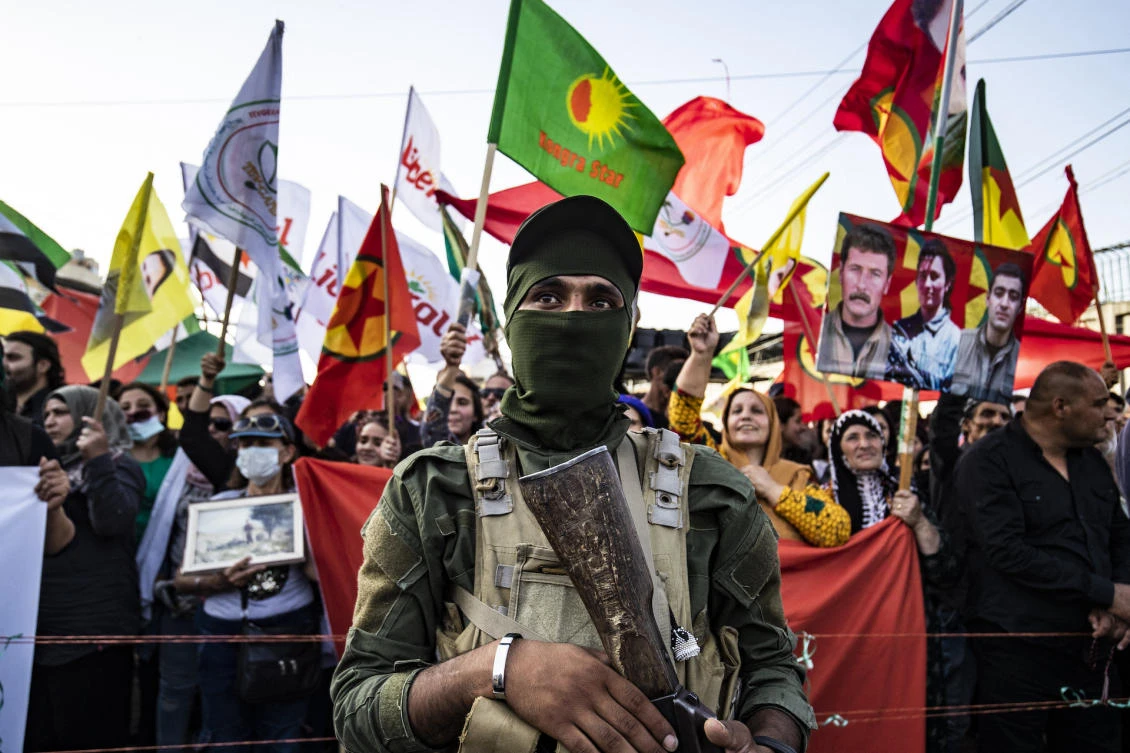 Syrian Kurds demonstrate on June 10, 2021, in the northeastern Syrian city of Qamishli against the Turkish offensive on Kurdistan Workers’ Party (PKK) areas in northern Iraq. (File/AFP)