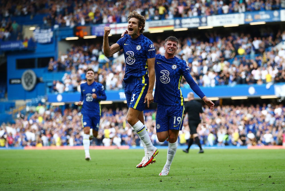 Chelsea's Marcos Alonso celebrates scoring the team's first goal with Mason Mount as the European champions went on to seal a 3-0 win over Crystal Palace at Stamford Bridge. (Reuters)