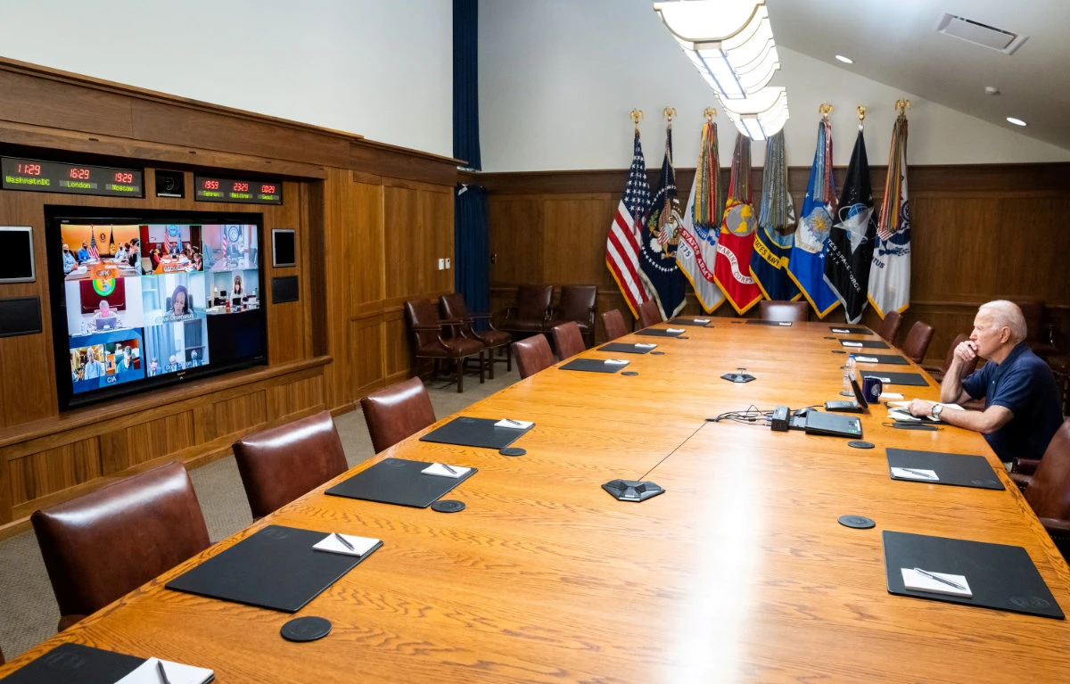 US President Joe Biden is seen during a meeting with VP Kamala Harris, their security team and senior officials to obtain updates on the draw down of civilian personnel in Afghanistan. (WhiteHouse/Handout via REUTERS)