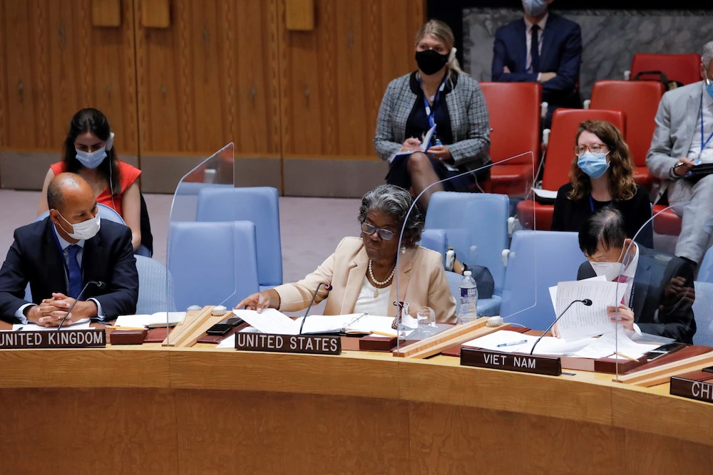 US ambassador Linda Thomas-Greenfield addresses the UN Security Council regarding the situation in Afghanistan in New York, US, Aug. 16, 2021. (Reuters)