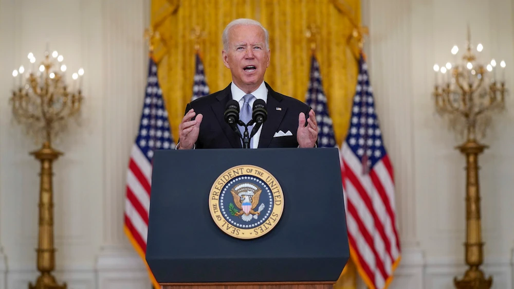 US President Joe Biden speaks about Afghanistan from the East Room of the White House, Monday, Aug. 16, 2021, in Washington. (AP)