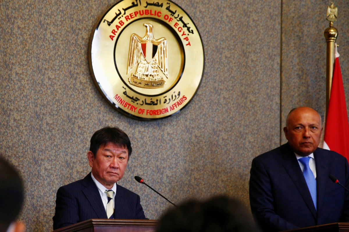 Japan's Foreign Minister Toshimitsu Motegi and Egypt's Foreign Minister Sameh Shoukry hold a joint news conference after their meeting in Cairo, Egypt, August 16, 2021. (REUTERS)