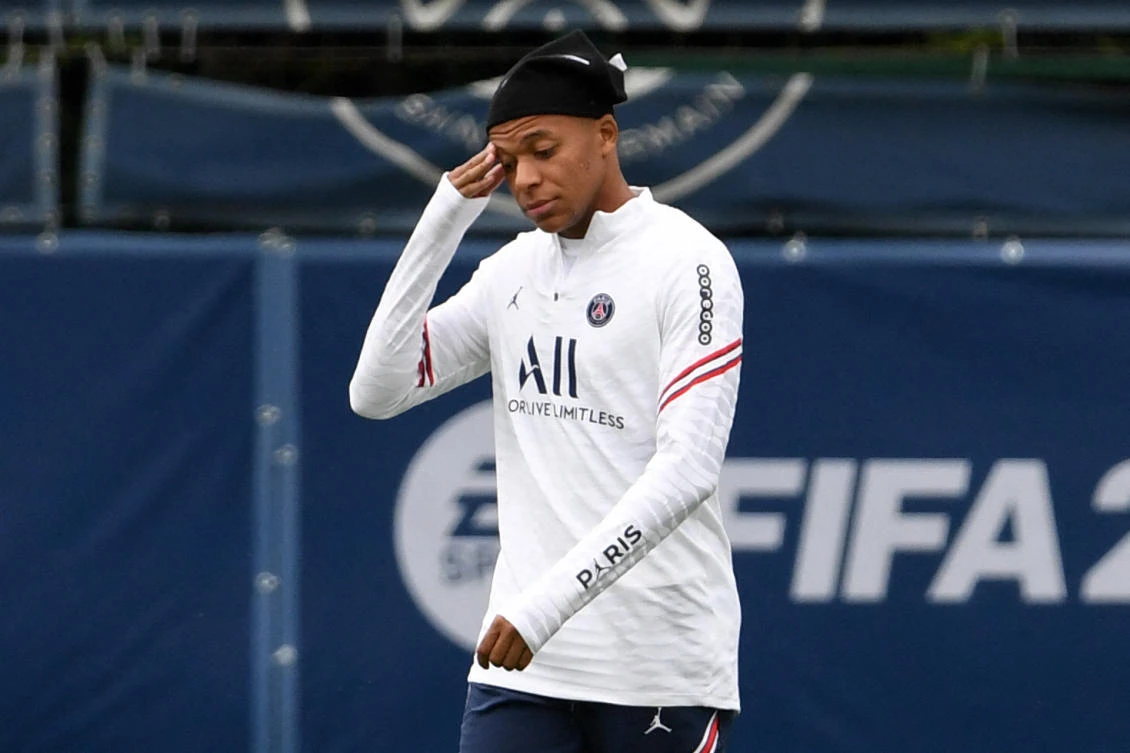Paris Saint-Germain’s French forward Kylian Mbappe attends a training session at the Camp des Loges PSG football club’s training ground in Saint-Germain-en-Laye on Thursday. (AFP)