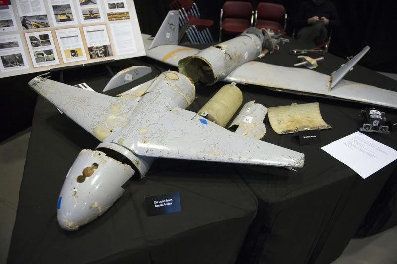In this Dec. 14, 2017 file photo, the remains of an Iranian Qasef-1 Unmanned Aerial Vehicle, used as a one-way attack to dive on targets and then detonating its warhead, which was fired by Yemen into Saudi Arabia. (AP)