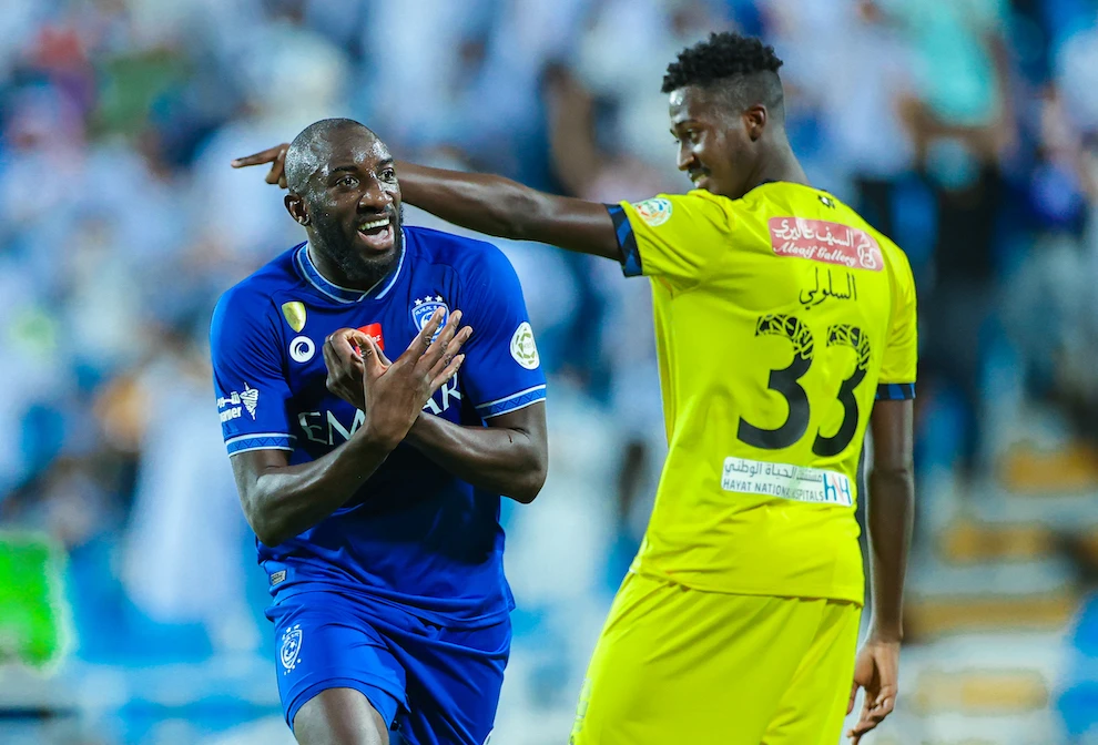 Moussa Margea celebrates scoring Al-Hilal’s equalizer against Al-Taawoun. (Twitter: @Alhilal_EN)