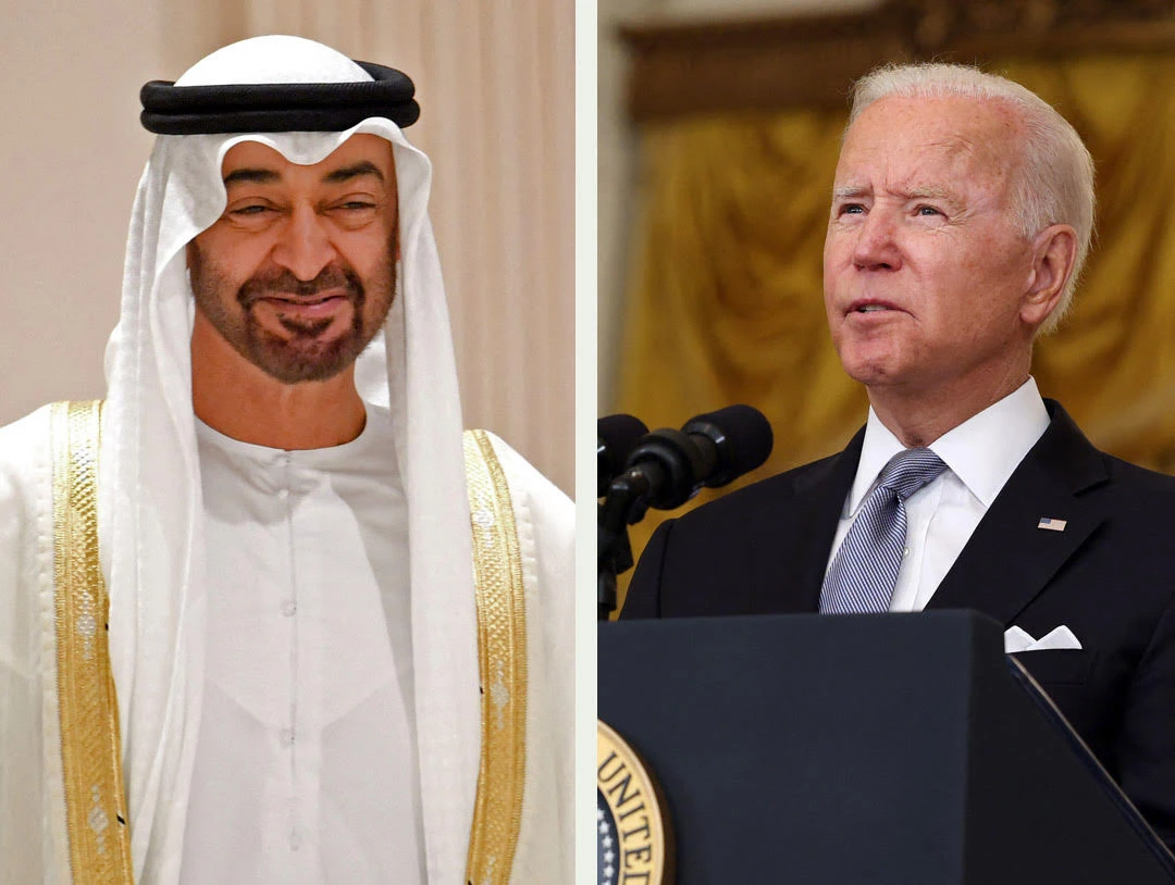 Mohamed Bin Zayed with Joe Biden. (File: AFP and Abu Dhabi Crown Prince's Twitter account.)