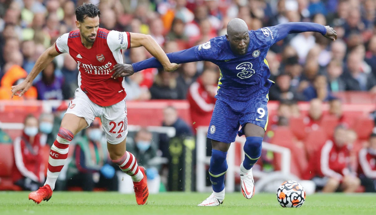 Arsenal’s Pablo Mari and Chelsea’s Romelu Lukaku during the English Premier League match at the Emirates Stadium in London. (Reuters)