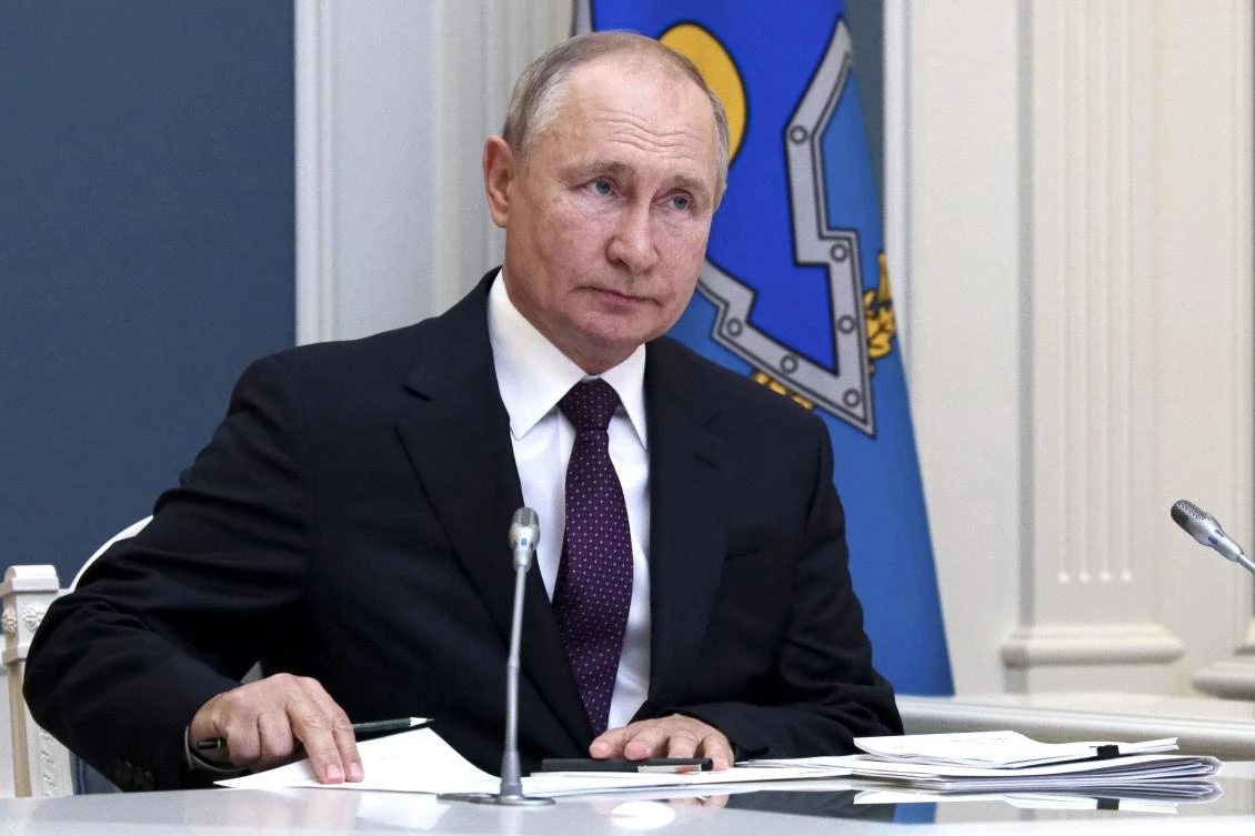 Russian President Vladimir Putin takes part in a virtual meeting with leaders of the Collective Security Treaty Organisation to discuss the situation in Afghanistan in Moscow, Russia, Monday, Aug. 23, 2021. (AP)