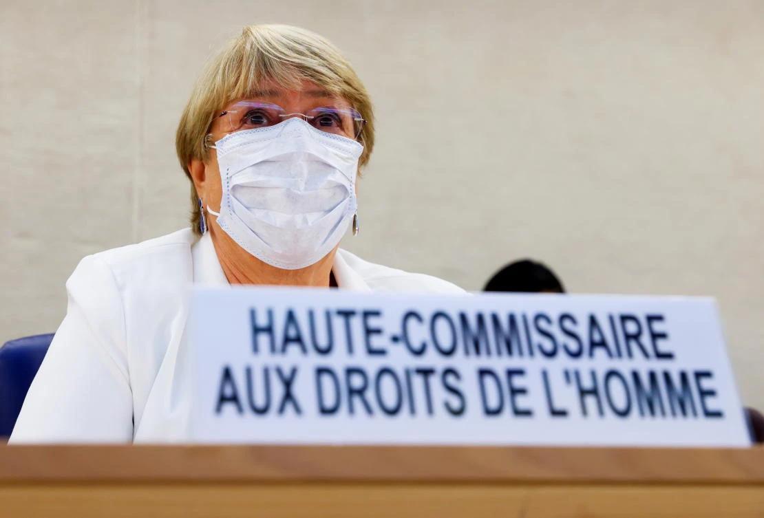 UN High Commissioner for Human Rights Michelle Bachelet at a special session of the Human Rights Council on the situation in Afghanistan, at the European headquarters of the United Nations in Geneva, August 24, 2021. (Reuters)