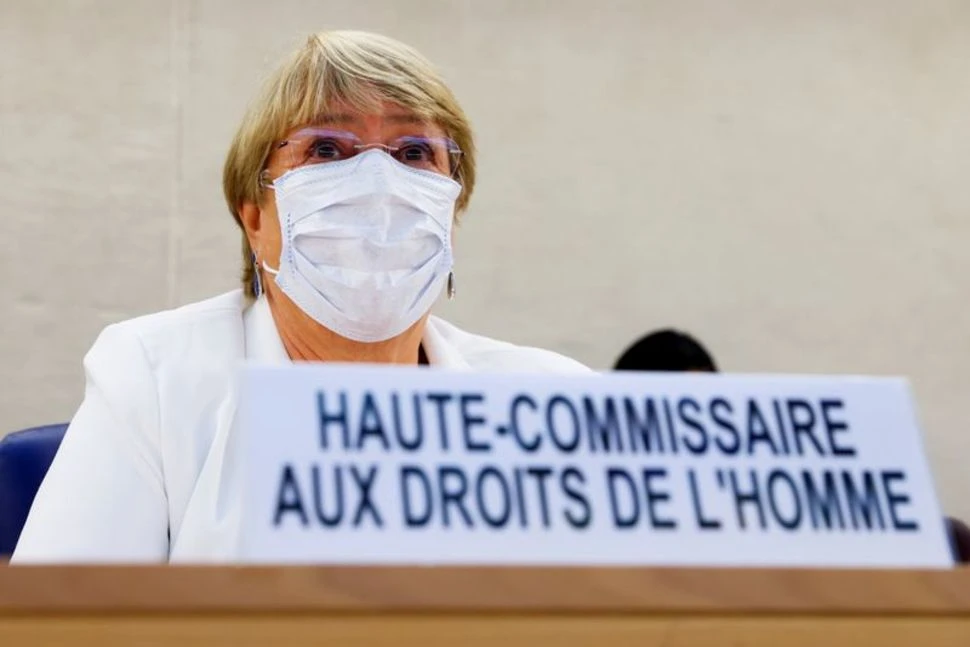U.N. High Commissioner for Human Rights Michelle Bachelet wears a face mask at a special session of the Human Rights Council on the situation in Afghanistan, at UN in Geneva, Switzerland, August 24, 2021. (REUTERS)
